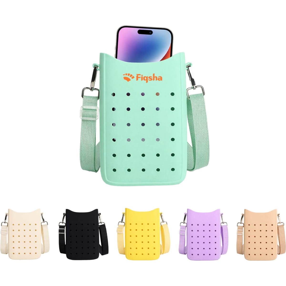 A mint green silicone phone bag with perforations, featuring an adjustable strap. Available in multiple colours including black, beige, yellow, and purple.