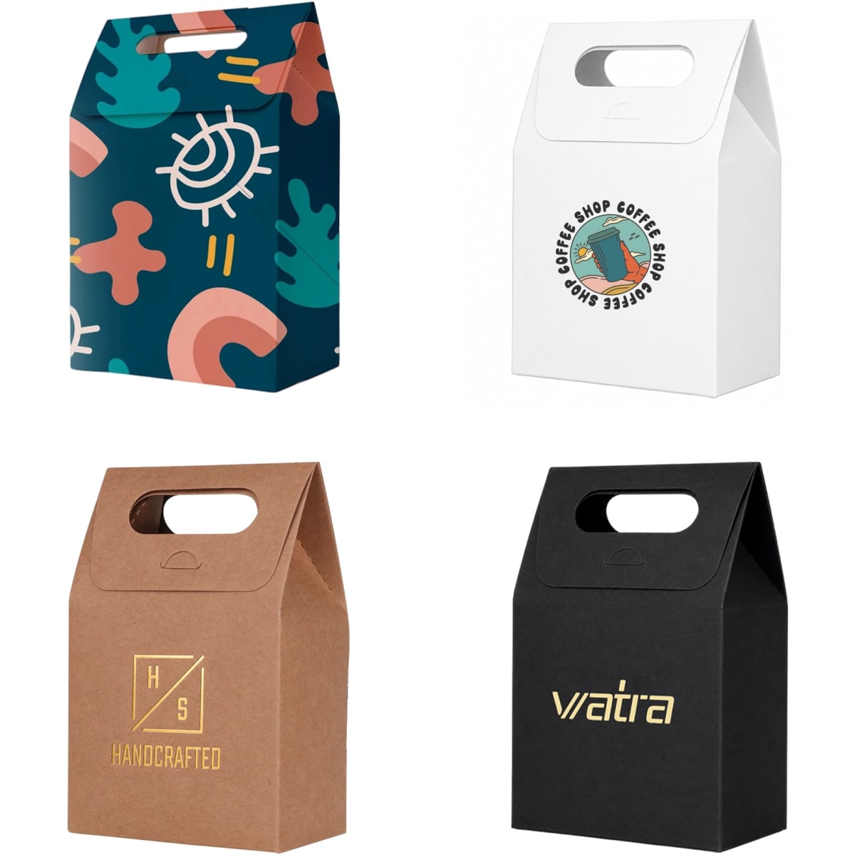 Die cut handle bags in various colours and designs, including patterned, white, and kraft paper options, with branding.