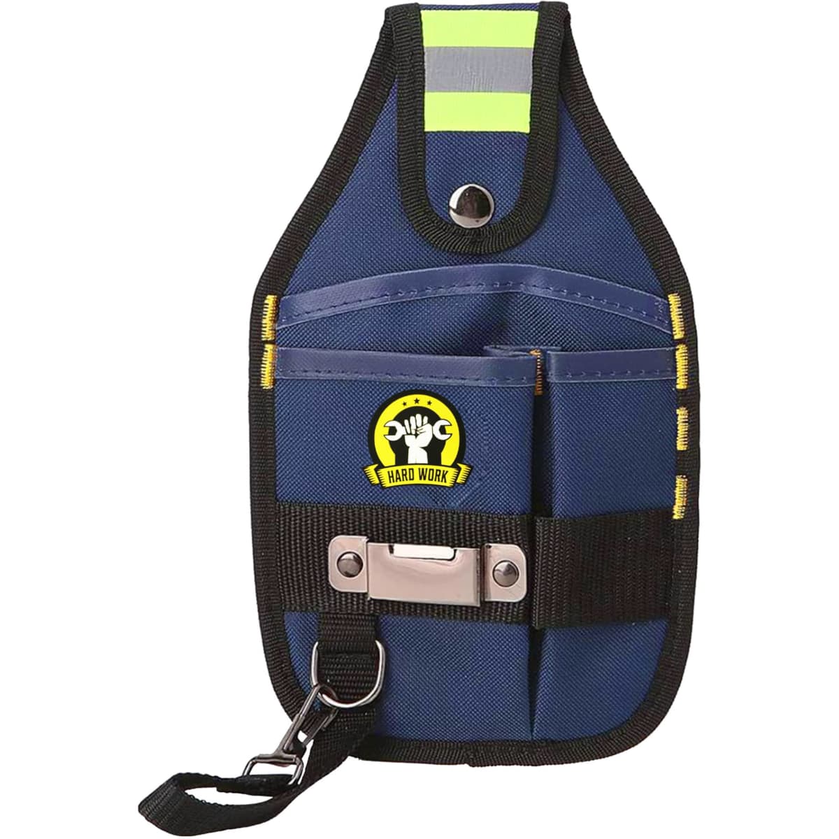 A portable tool waist pouch in navy blue with yellow highlights and a logo. Features multiple pockets and a clip.