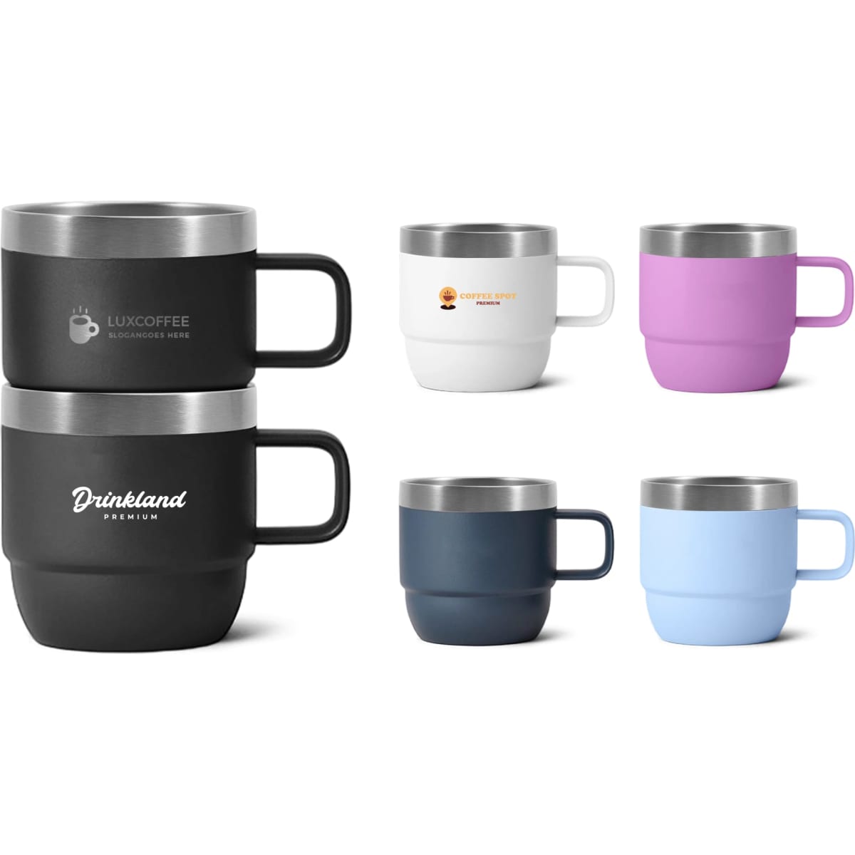 A stackable stainless steel mug set featuring black, white, pink, navy, and blue colours, with various logos.