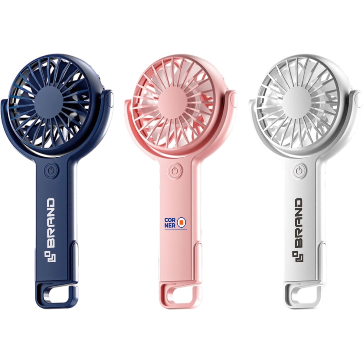 A handheld fan set in navy blue, pink, and white, featuring a hook for easy attachment. Includes a logo.