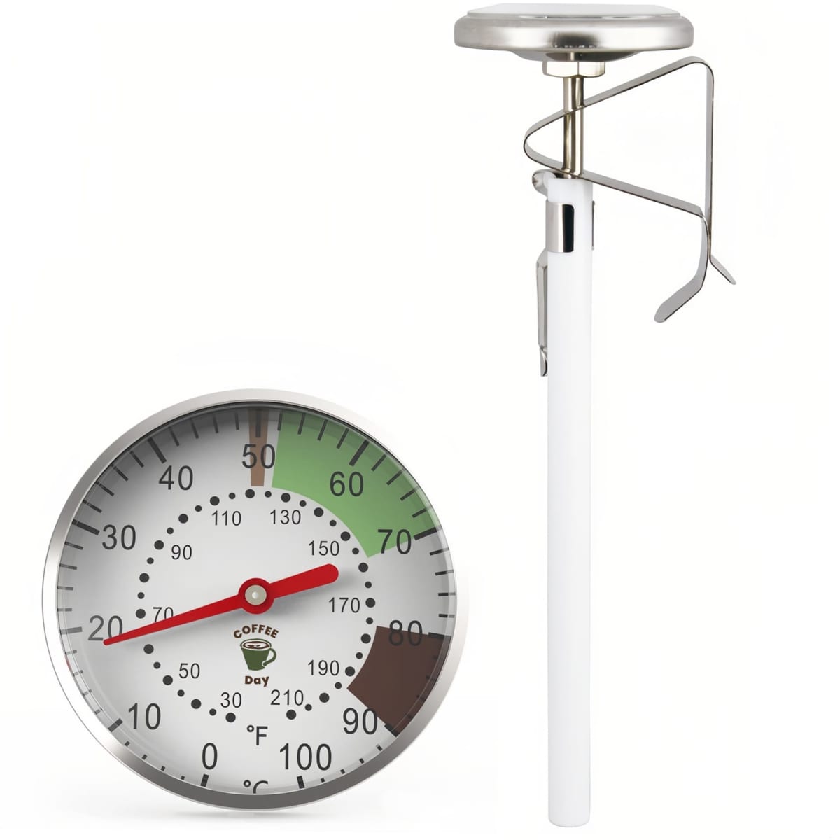 A stainless steel dial thermometer with a white stem, featuring a large, easy-to-read gauge.