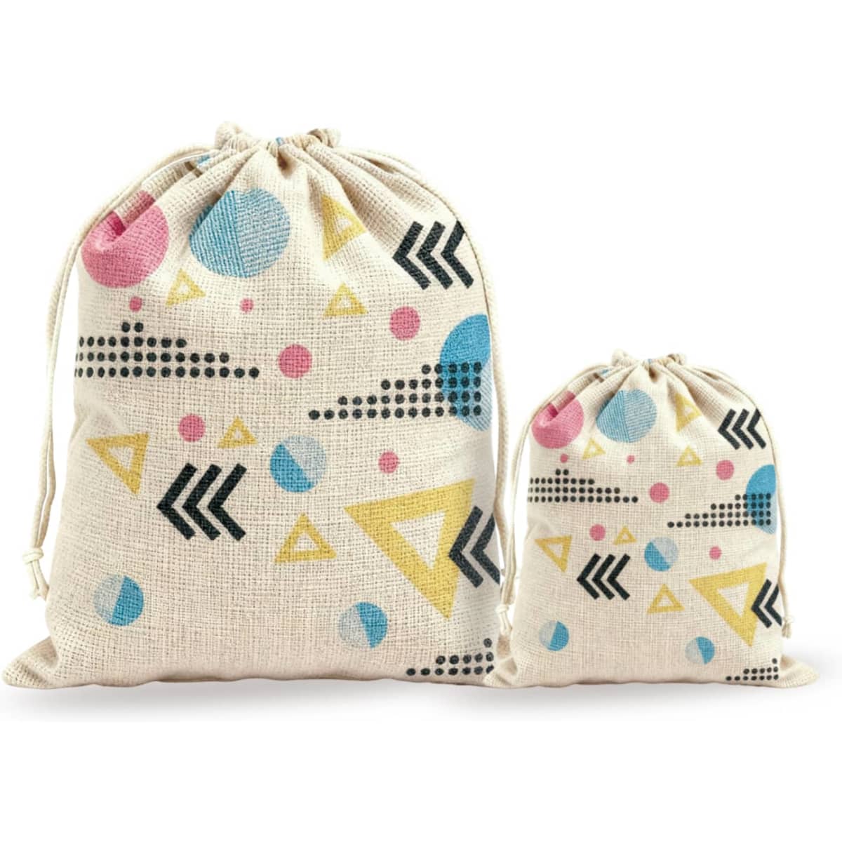 Cotton linen drawstring bags in natural colour featuring geometric patterns in pink, blue, yellow, and black.