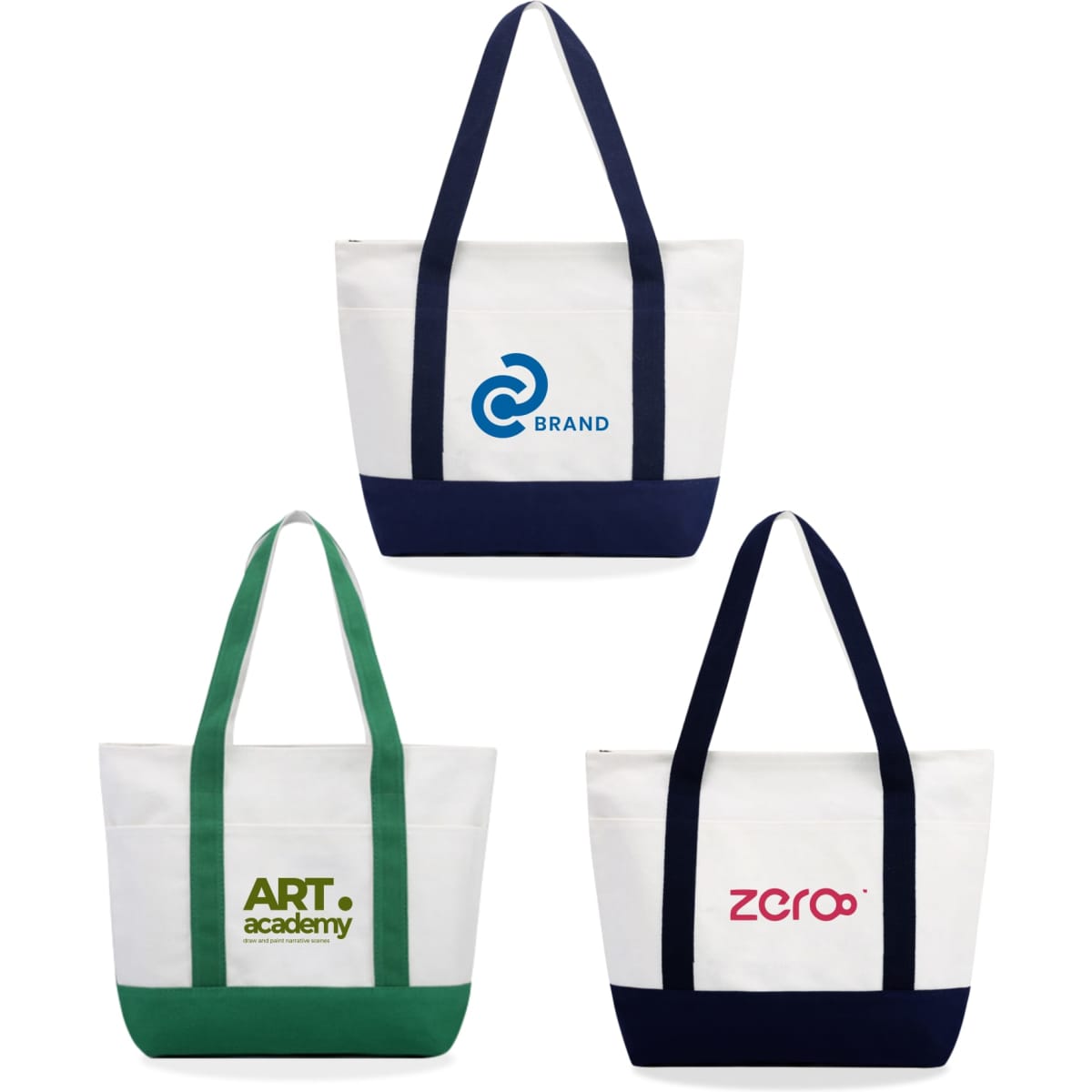 Three medium canvas tote bags in white with navy and green accents, featuring logos on the front.