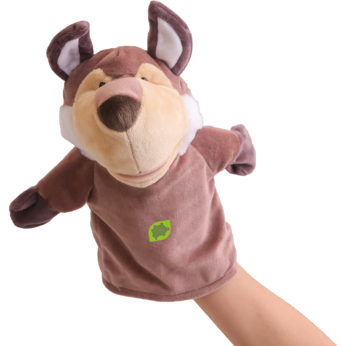 A plush brown wolf hand puppet with white accents, featuring a logo on its body.