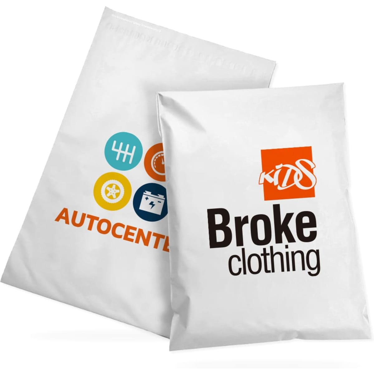 A small white biodegradable mailer bag featuring a logo and colourful icons on one side.