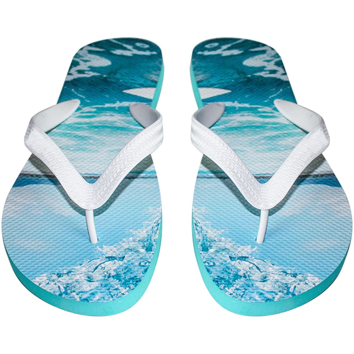 A pair of rubber thongs featuring a blue water design and white straps, with a logo on the sole.