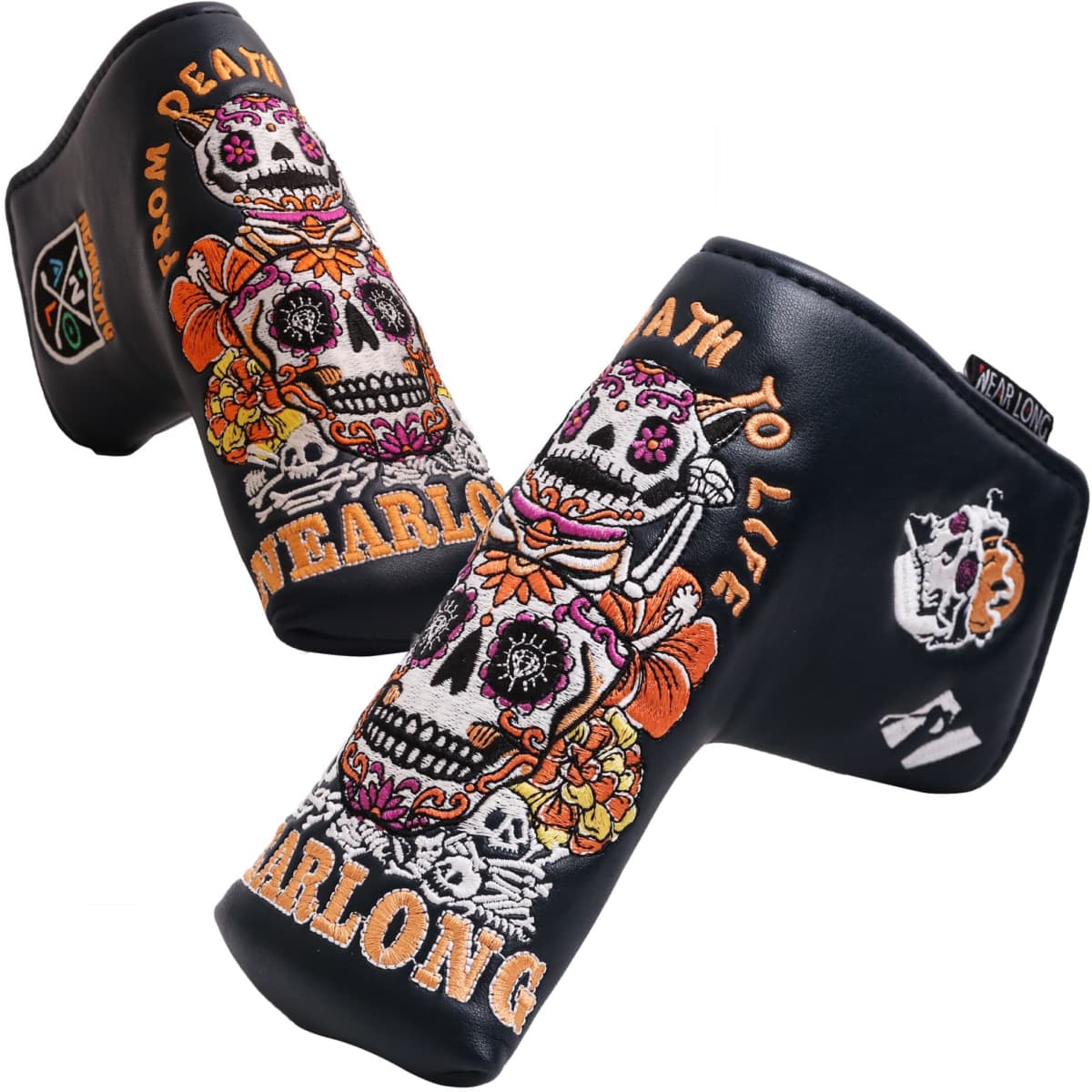 A black custom blade putter cover featuring colourful skull and floral designs, along with a logo.