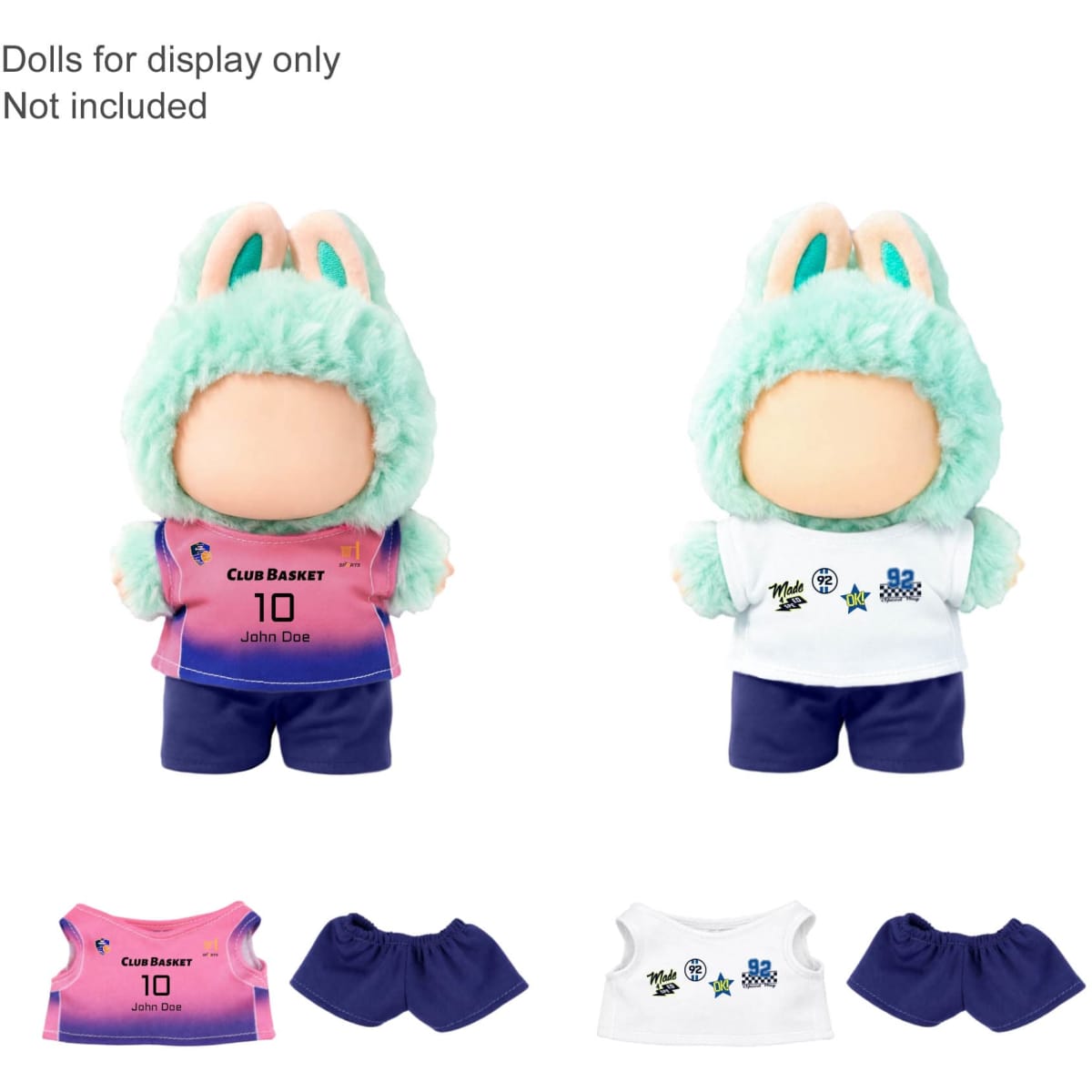 Plush doll outfit set featuring a green bunny hoodie and two jerseys in pink and white, with navy shorts.