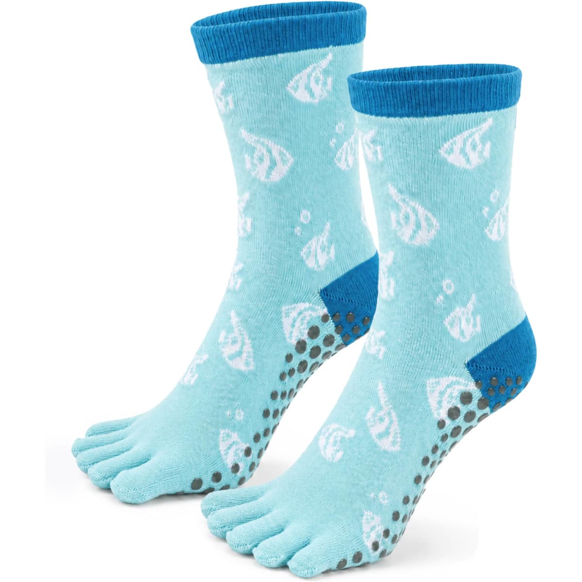 A pair of turquoise toe socks featuring white fish patterns and grip dots on the soles. They have a blue cuff.