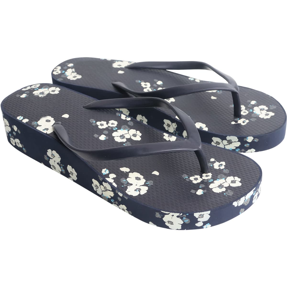 Rubber platform thongs in navy with a floral pattern, featuring black straps and a textured sole.