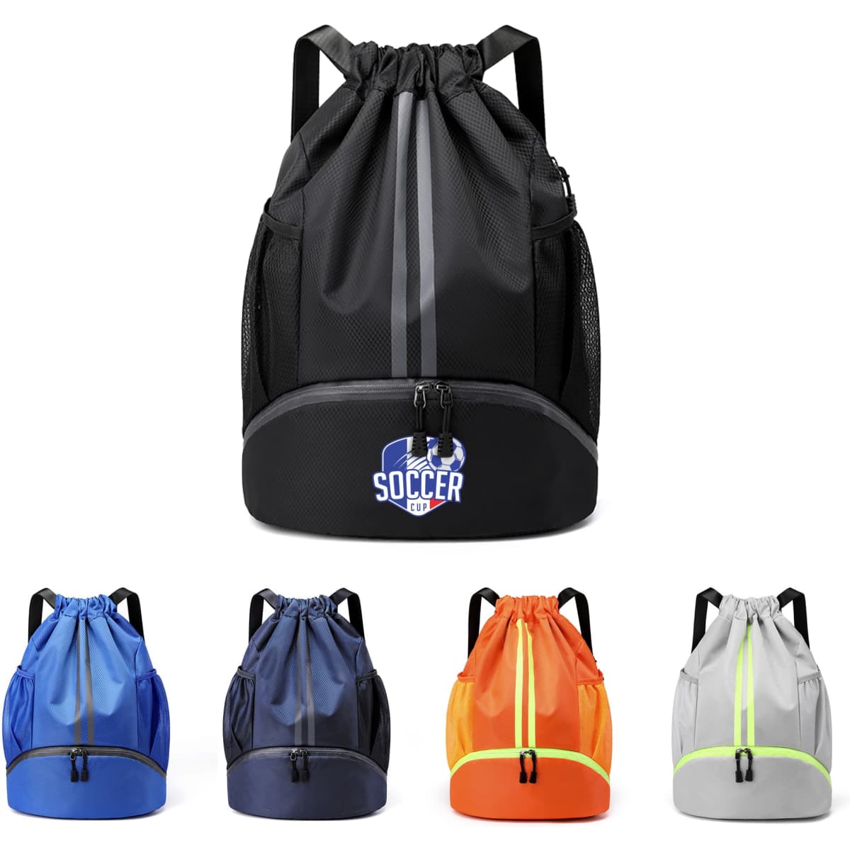 A black drawstring backpack with a zippered bottom compartment, available in blue, navy, orange, and grey. It has a logo.