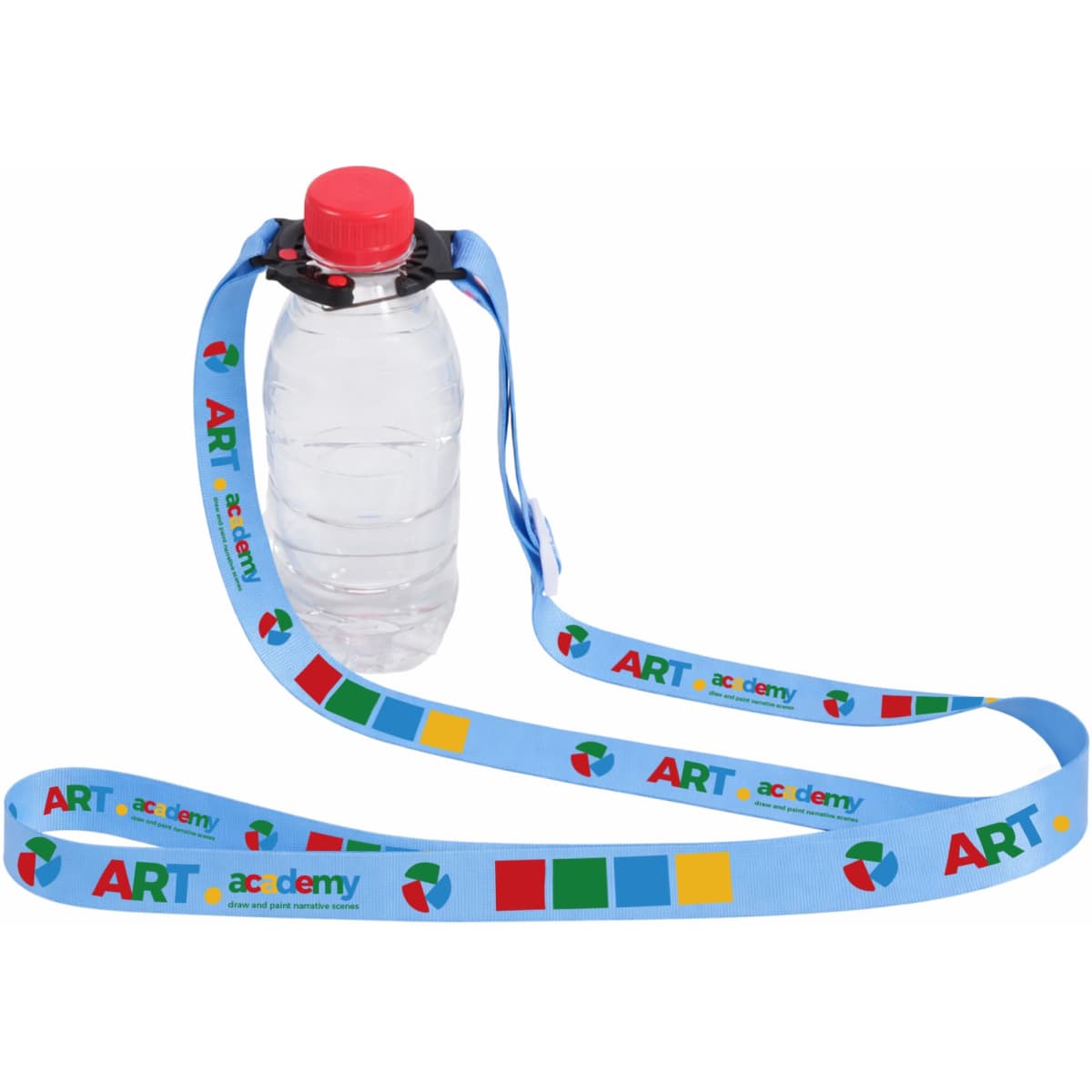 A drink bottle with a red cap attached to a light blue lanyard featuring colourful designs and a logo.