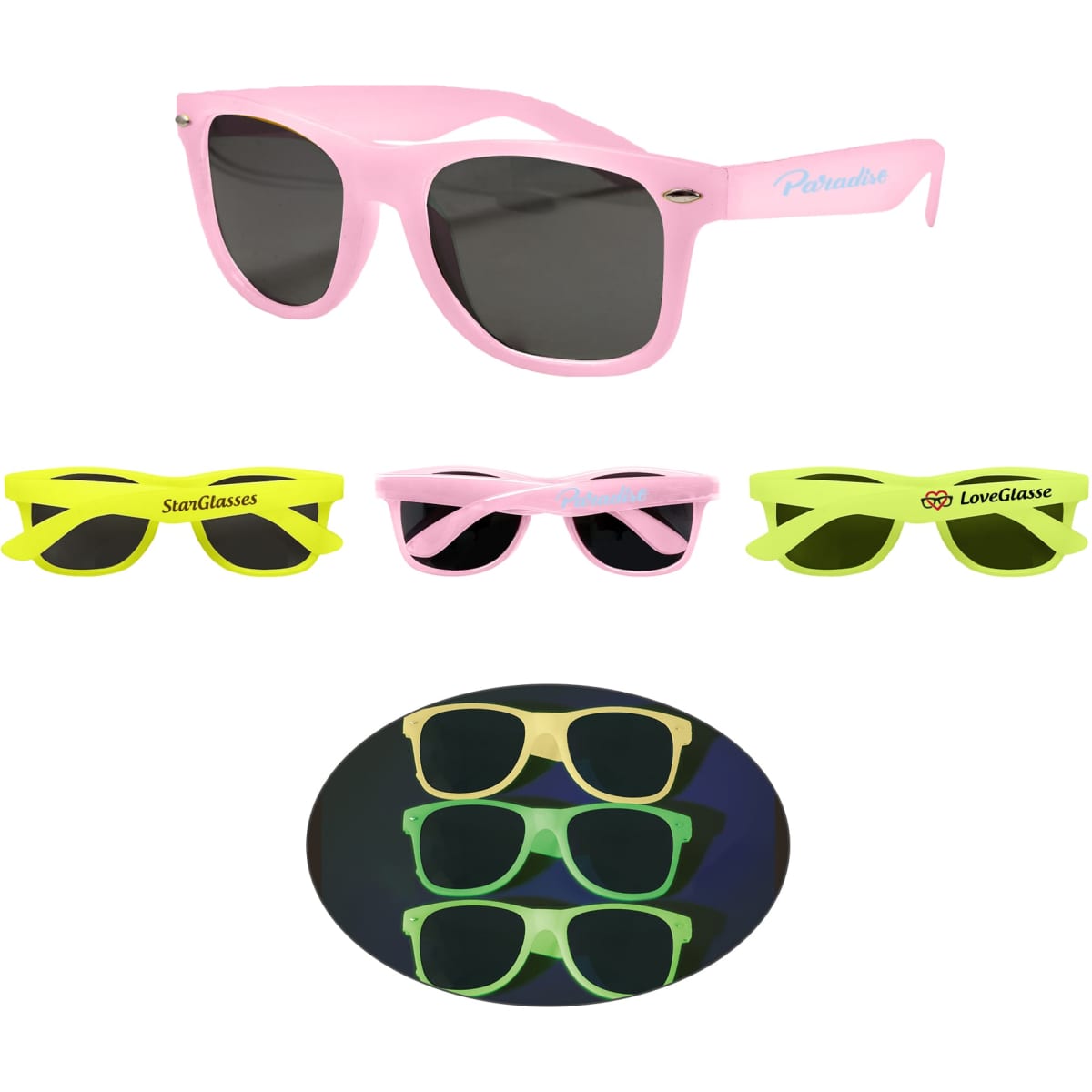 Glow in the dark sunglasses in pink and neon green, featuring different styles and a logo on some pairs.