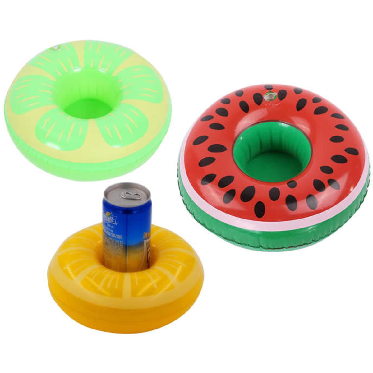 Three inflatable cup holders in bright colours: green, red, and yellow, featuring fruit designs. A can is placed in one holder.