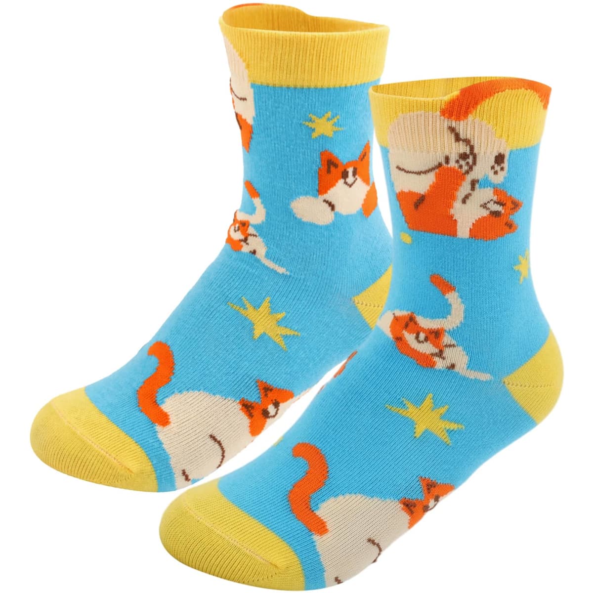 Bright blue crew socks featuring playful ear-shaped cat patterns, with yellow trim and heel accents.