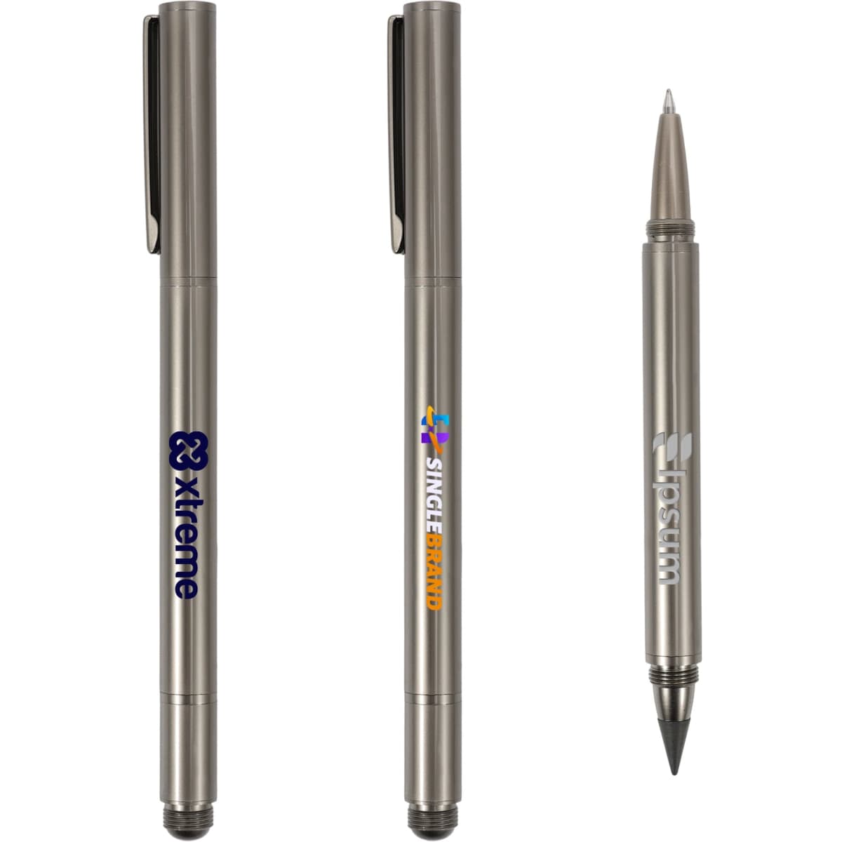 A metallic silver 2-in-1 pencil with a logo, featuring a pen tip on one end and a pencil on the other.