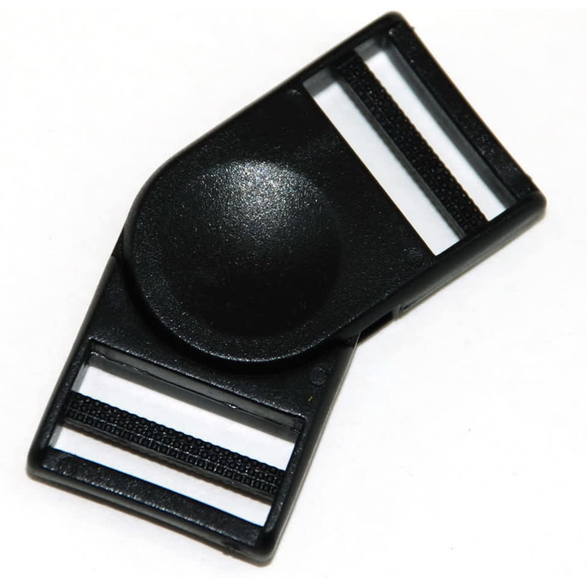 A black swivel connector featuring a circular centre and slots for attachment. Ideal for versatile linking applications.