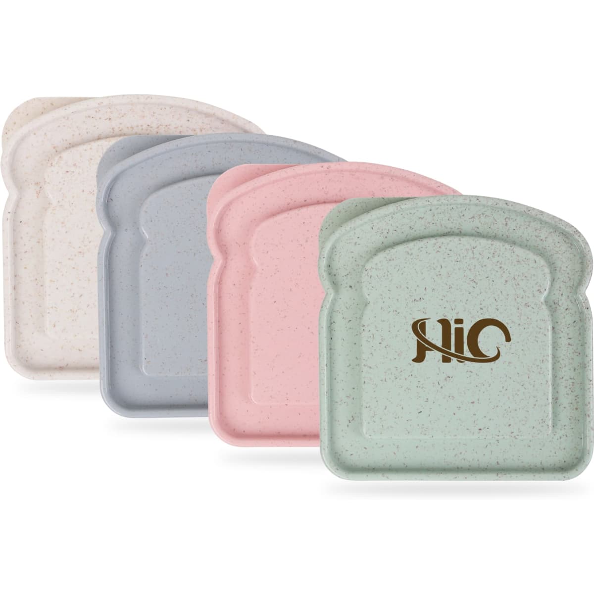 A set of four sandwich-shaped plates in pale pink, grey, green, and cream, featuring a logo on one plate.