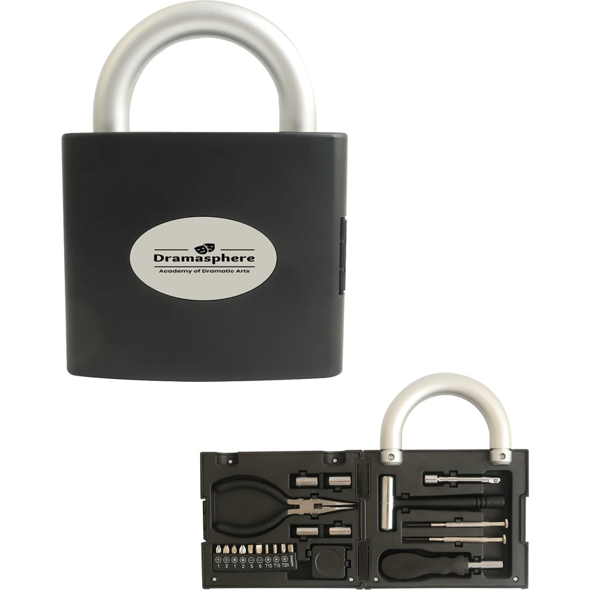 A padlock-shaped toolkit in black and silver, featuring various tools and a logo on the front.
