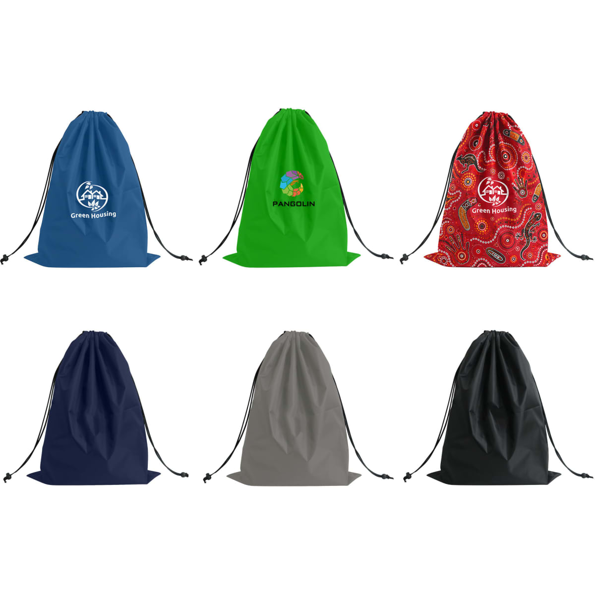 A set of six travel laundry bags in blue, green, red, navy, grey, and featuring different designs and logos.
