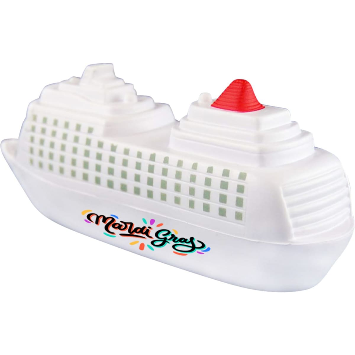 A stress reliever shaped like a white cruise ship with a red and white top and a logo on the side.