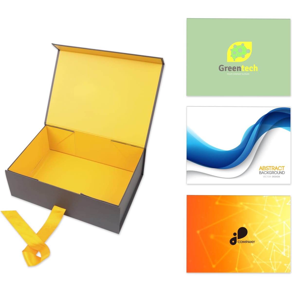 A small foldable magnetic box in black with a yellow interior and a matching yellow ribbon, accompanied by various printed cards.