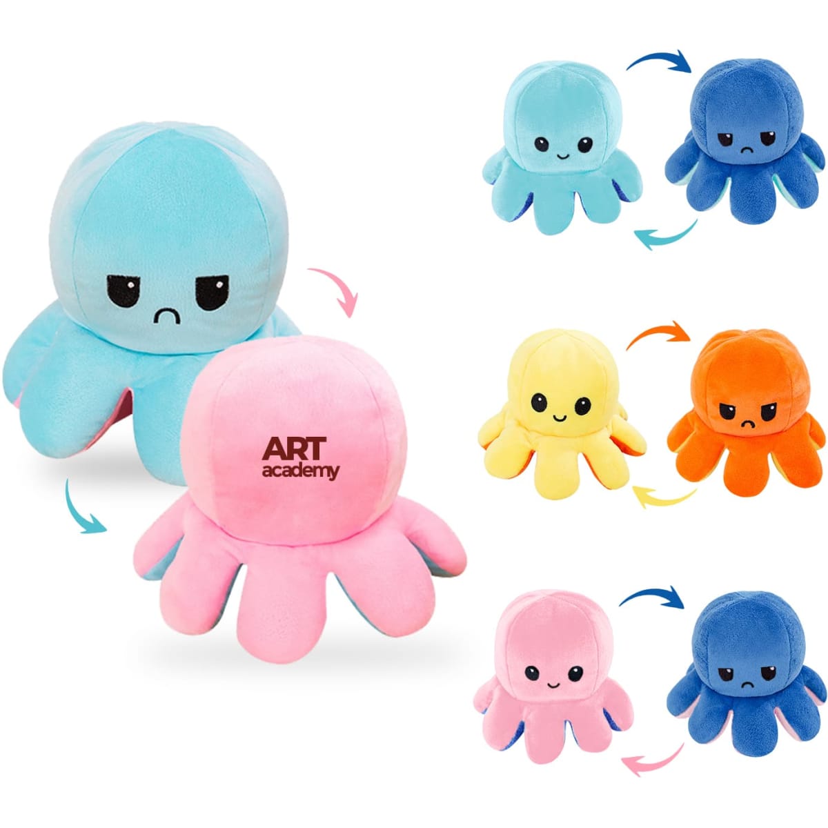 A large, reversible octopus plush toy in blue and pink, featuring happy and sad expressions. It has a logo on one side.