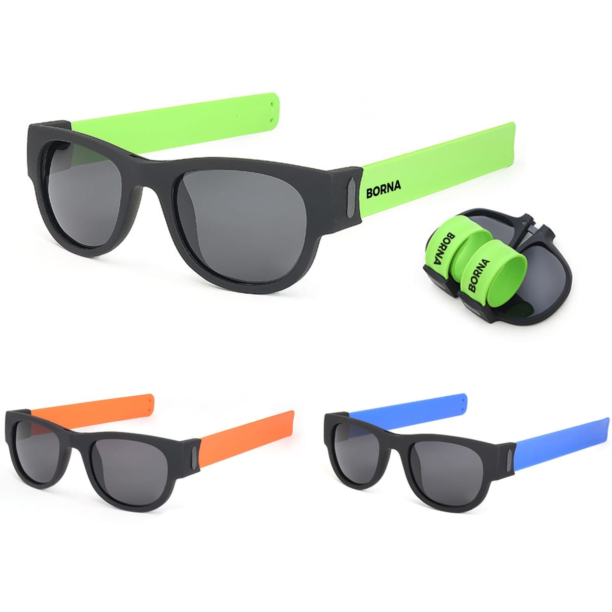 Slap band sunglasses in black with green, orange, and blue bands, featuring a logo.