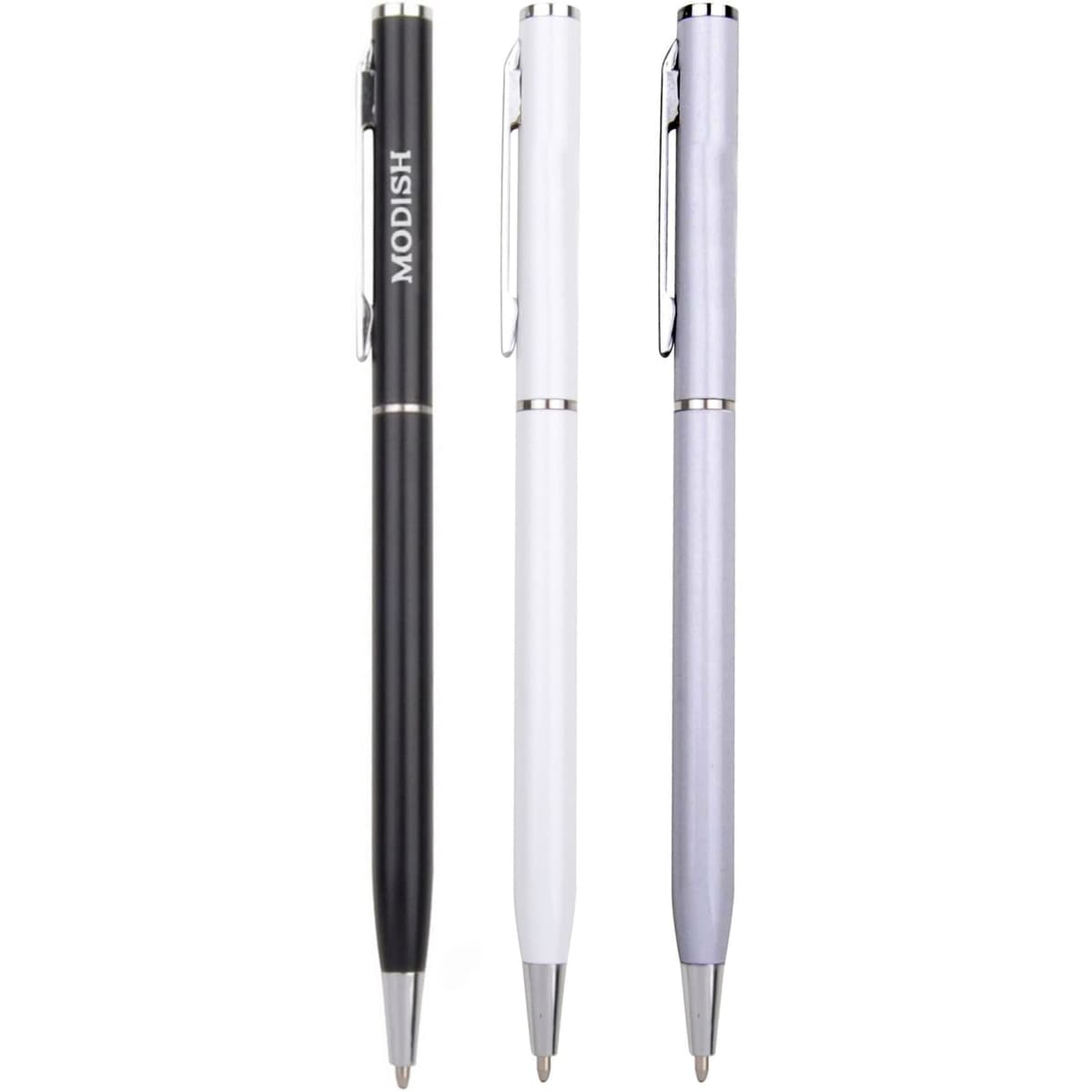 A collection of three Aluminium Cross Pens in black, white, and silver, featuring a logo on one pen.