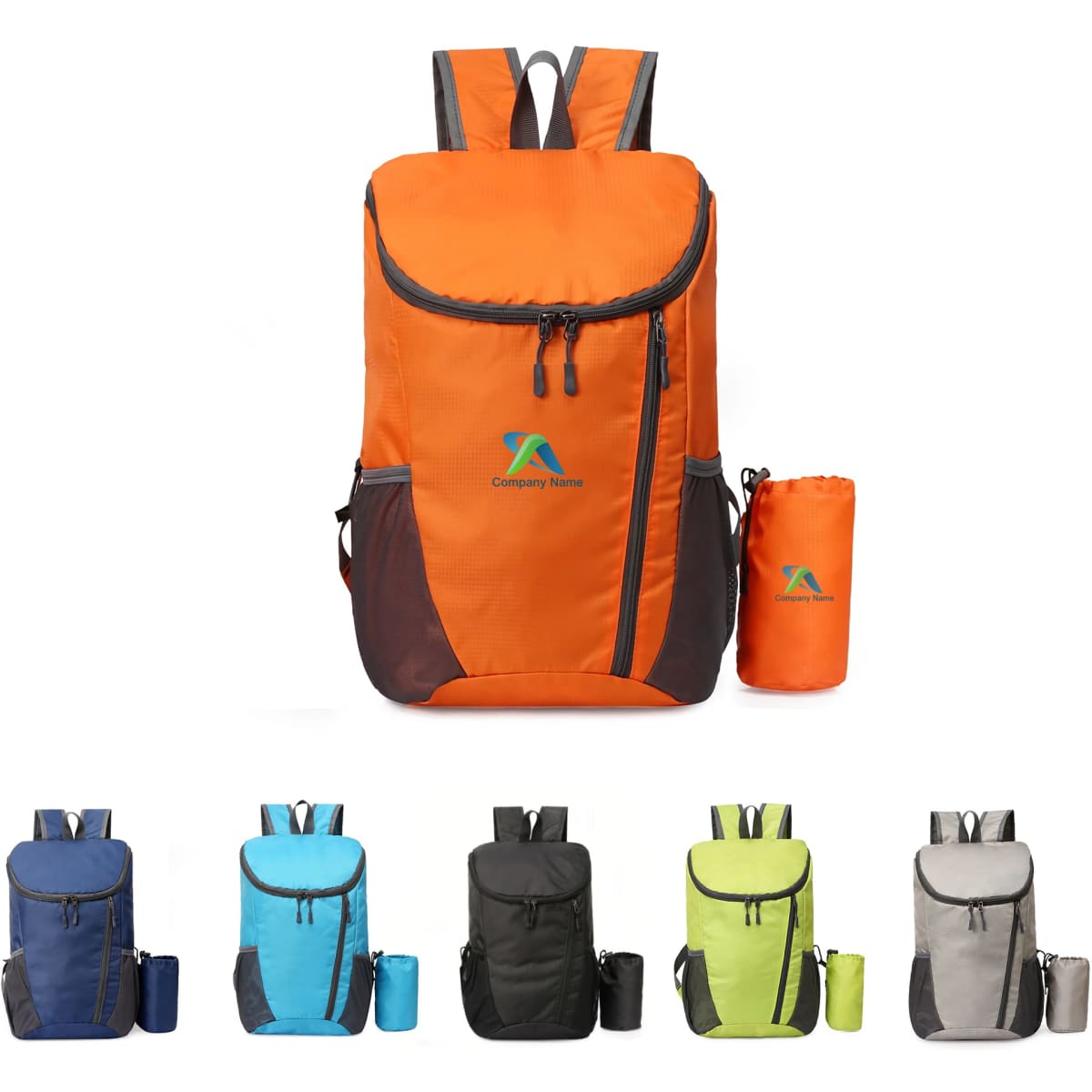 An orange packable travel backpack with side pockets, accompanied by a matching carry pouch, against various coloured backpacks.