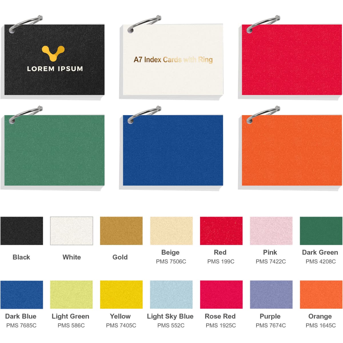 A7 index cards in various colours including black, white, gold, beige, red, and more, secured with a ring.