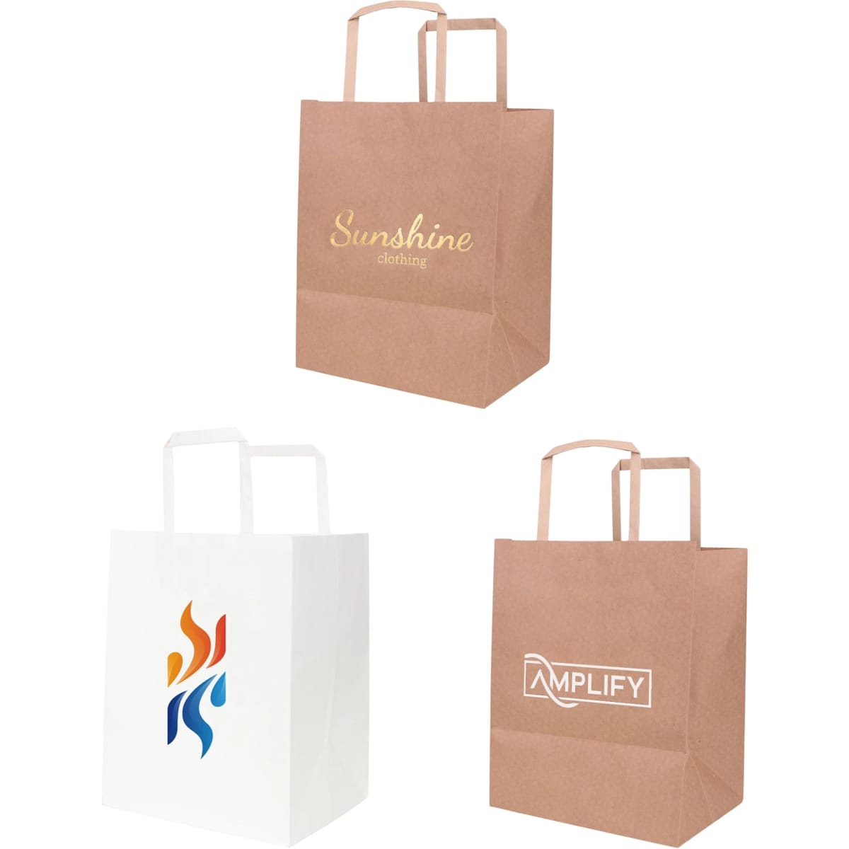 Three kraft paper bags with flat handles, featuring various designs and colours, including brown and white.
