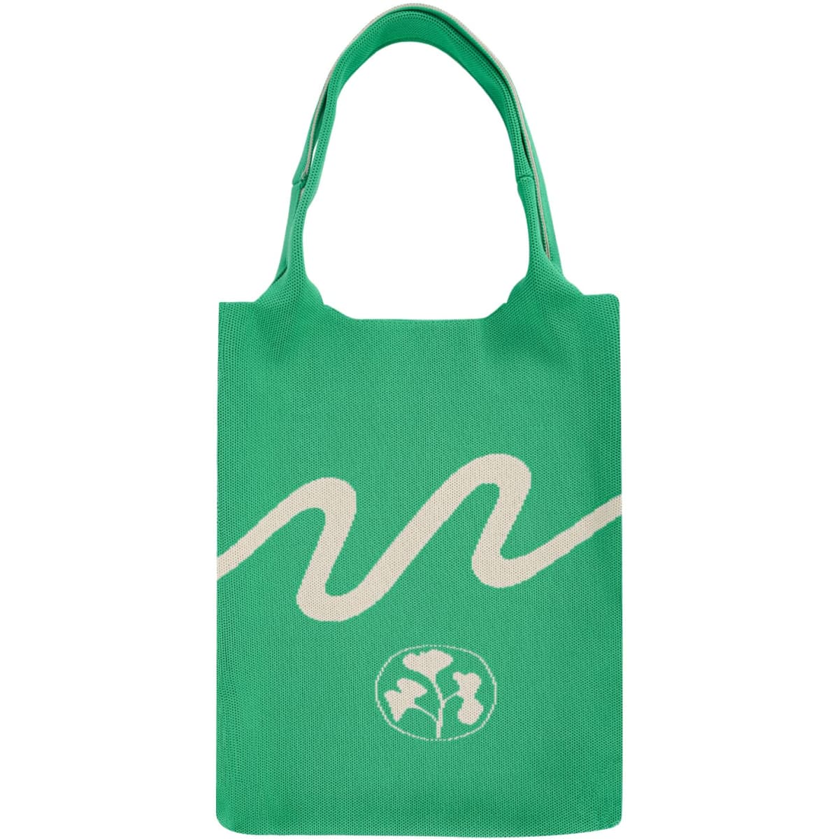 A large green knitted shoulder bag featuring a white wave design and a logo at the bottom.