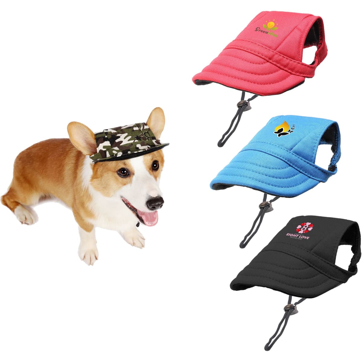 A dog wearing a camouflage hat, alongside pink, blue, and black hats on display. Each hat has a logo.