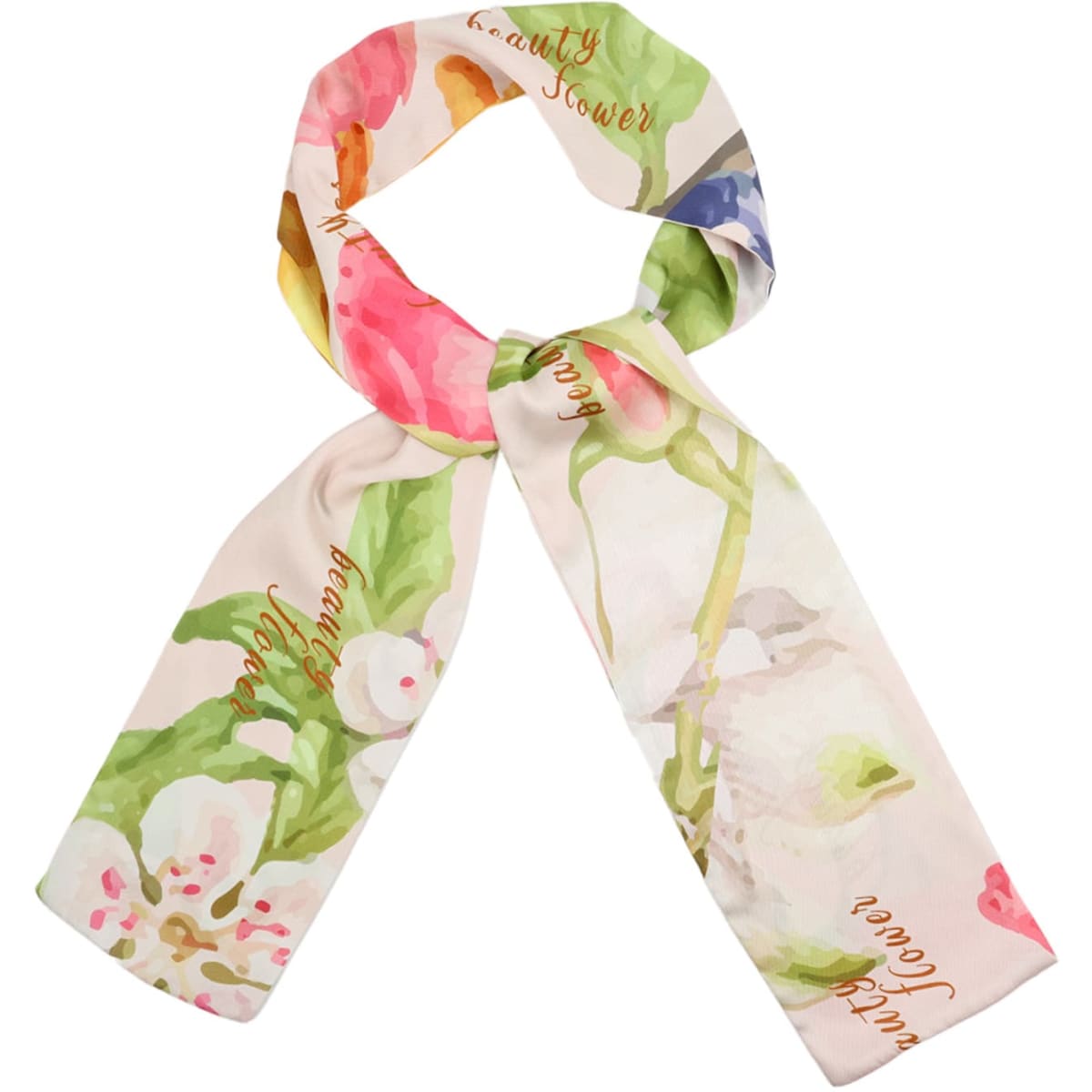 A long scarf in a twill weave featuring a floral design in shades of pink, green, and yellow, with a branding logo.