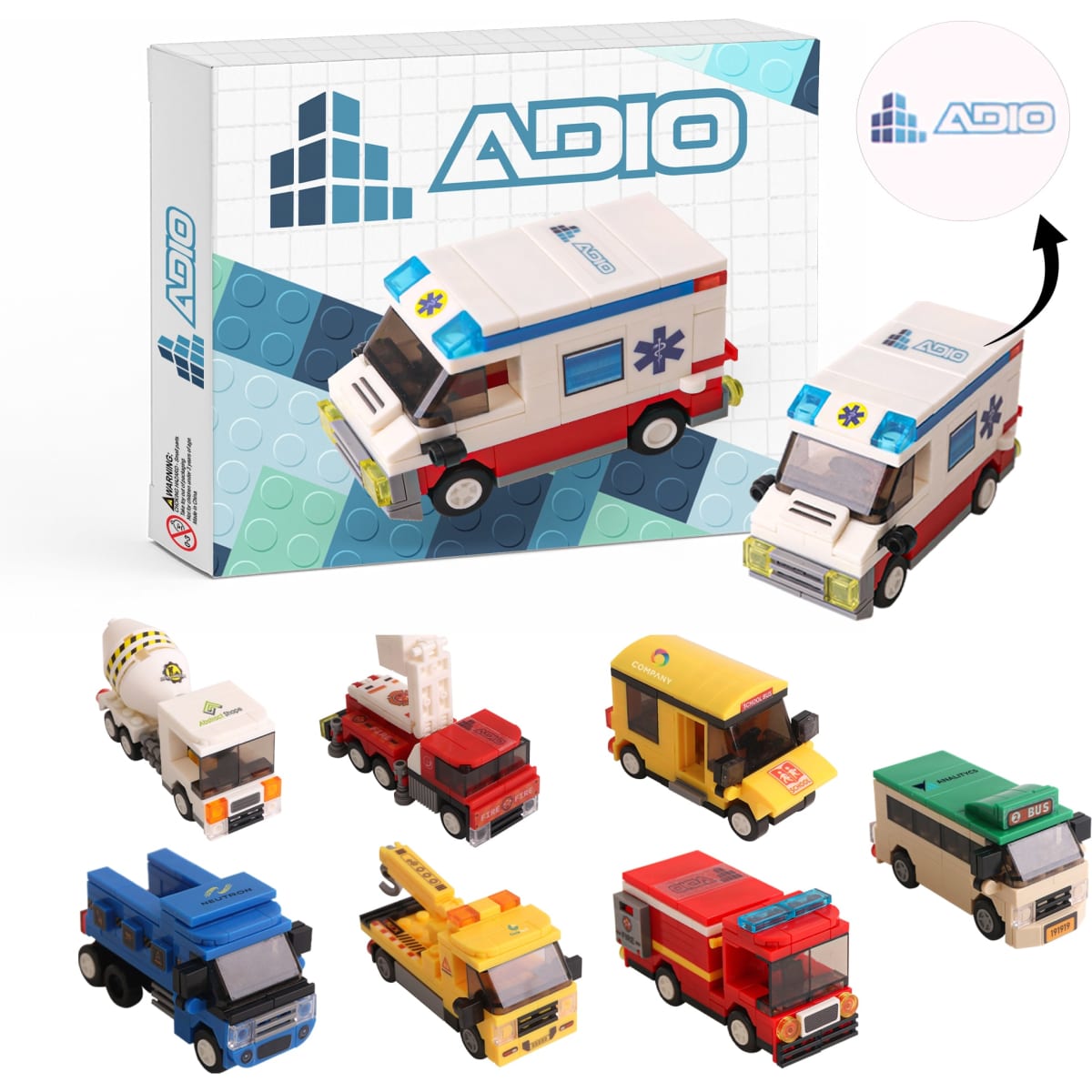 A set of colourful building blocks featuring various vehicle designs, including an ambulance, fire truck, and cement mixer.