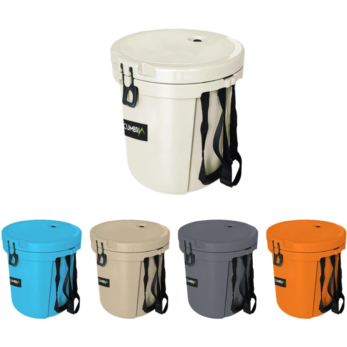 A 15L ice bucket available in blue, beige, grey, and orange, featuring a handy rope and a logo.