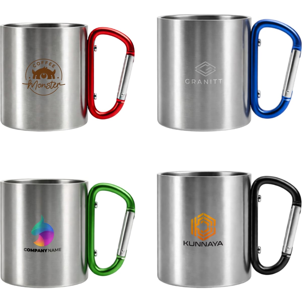 A drink bottle featuring four stainless steel insulated mugs, each with a different coloured carabiner handle: red, blue, green, and black.
