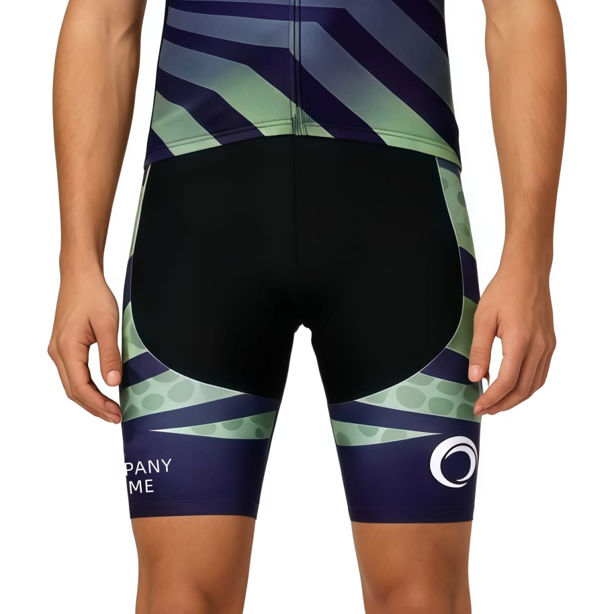 Men's sublimated cycling shorts featuring a mix of green, navy, and black colours with a logo on the side.