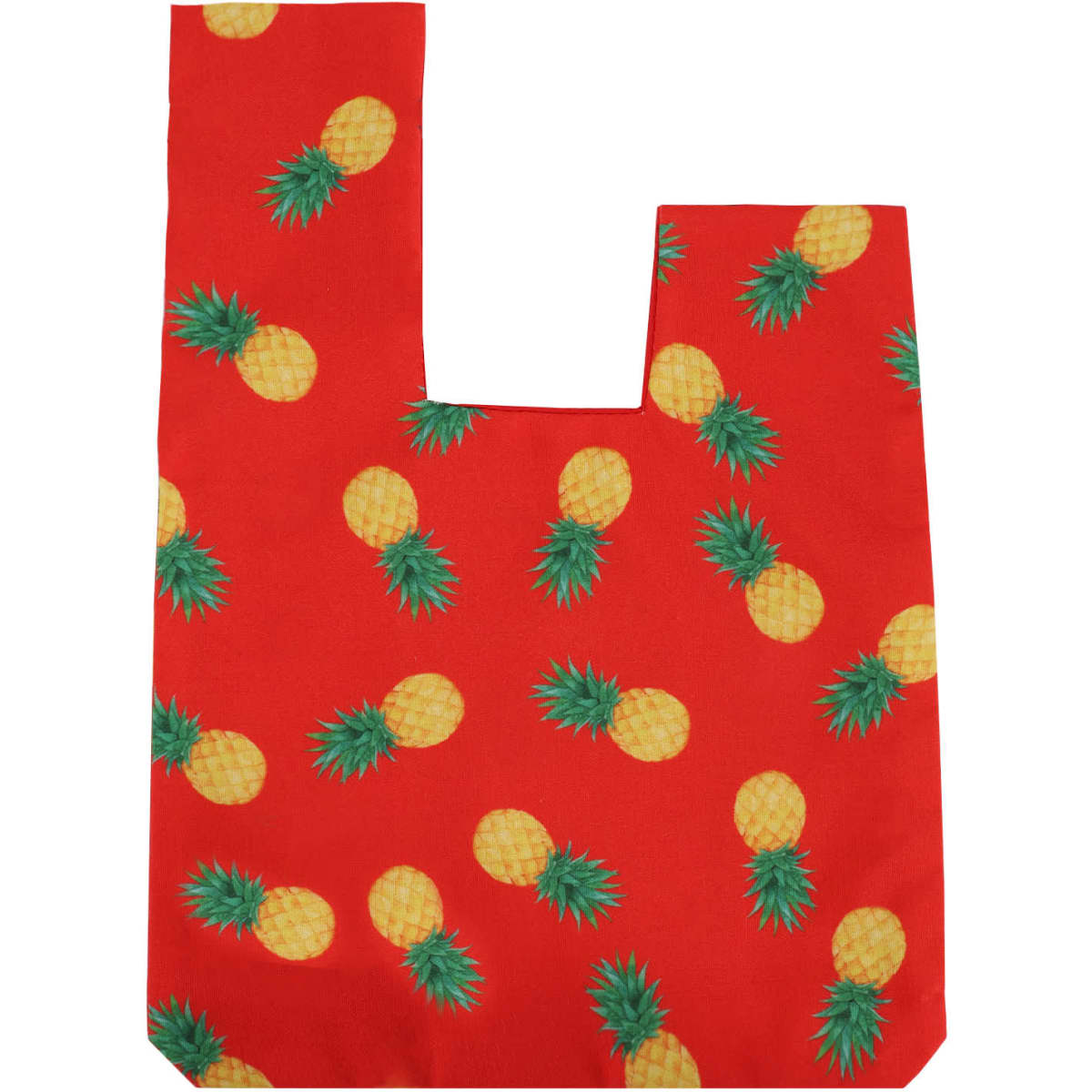 A red sublimation polyester wrist bag with a pineapple pattern and a cut-out handle. It features multiple yellow pineapples with green leaves.