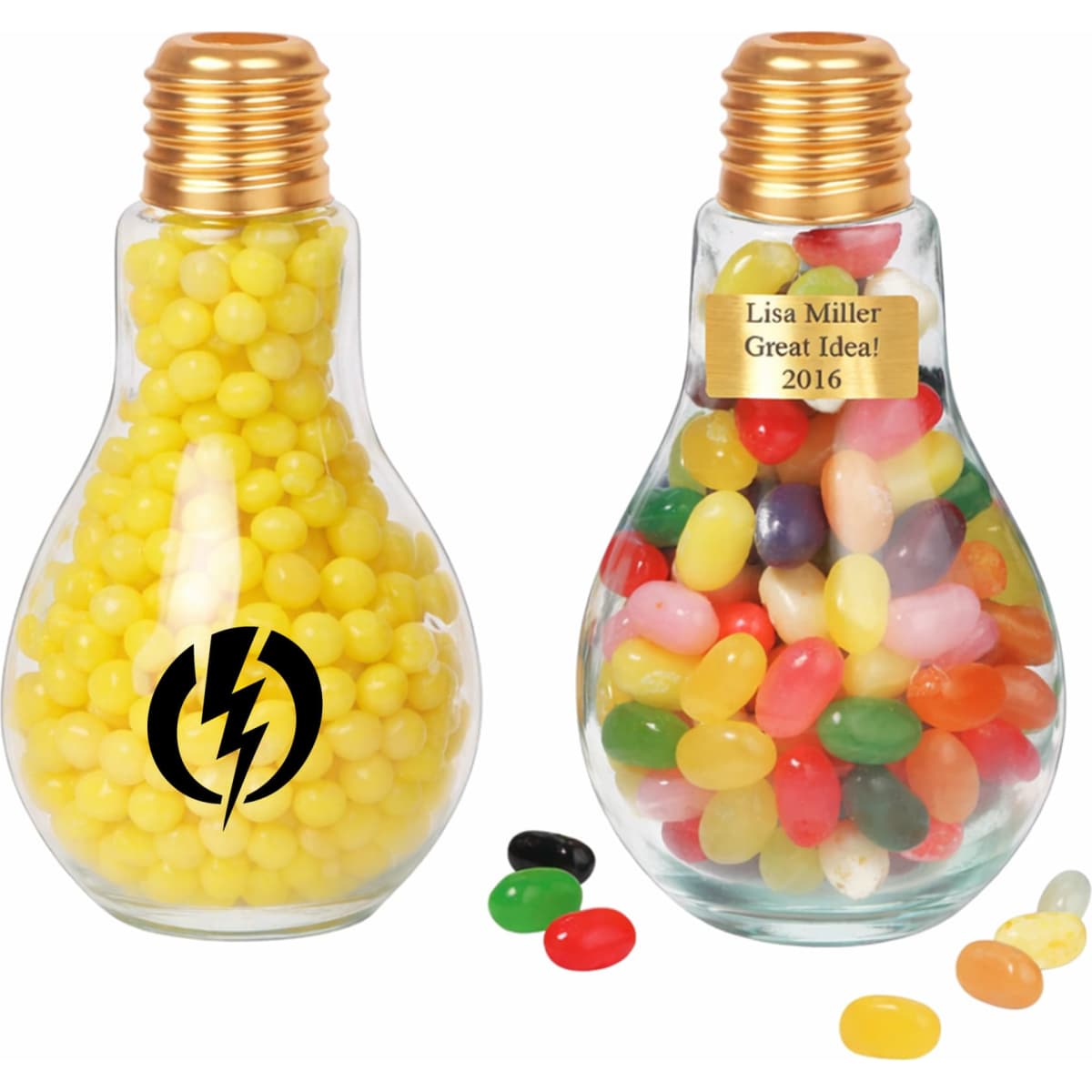 A drink bottle shaped like a bulb, featuring a transparent glass body and a gold lid, filled with colourful jelly beans.
