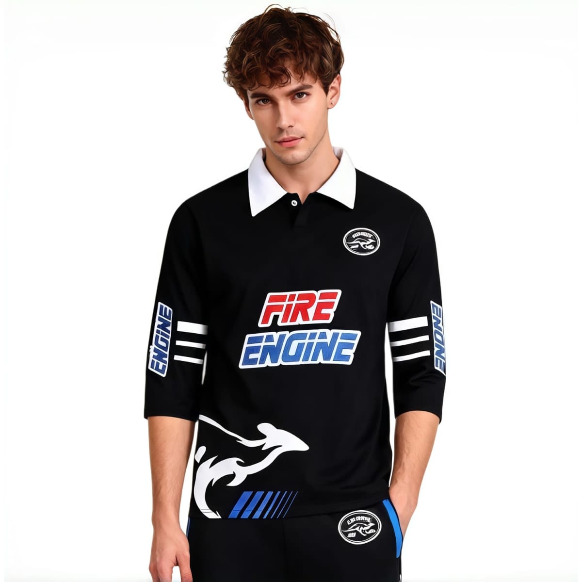A black three-quarter sleeve football jersey featuring blue accents and a logo on one sleeve.