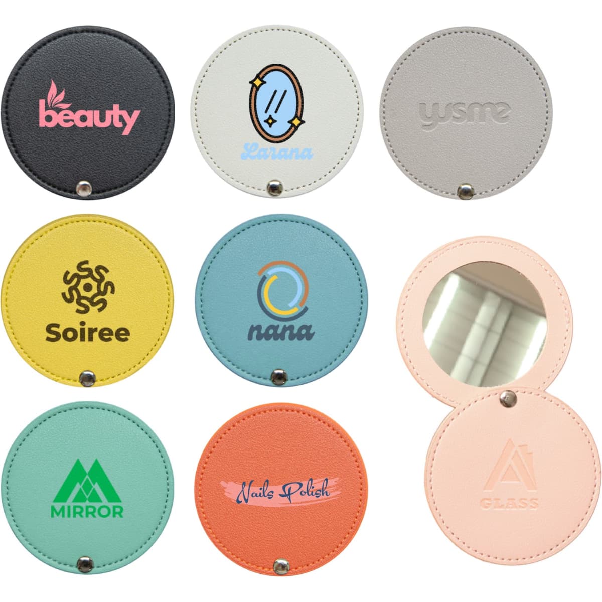 A round makeup mirror with various coloured and branded covers, featuring a reflective surface inside.