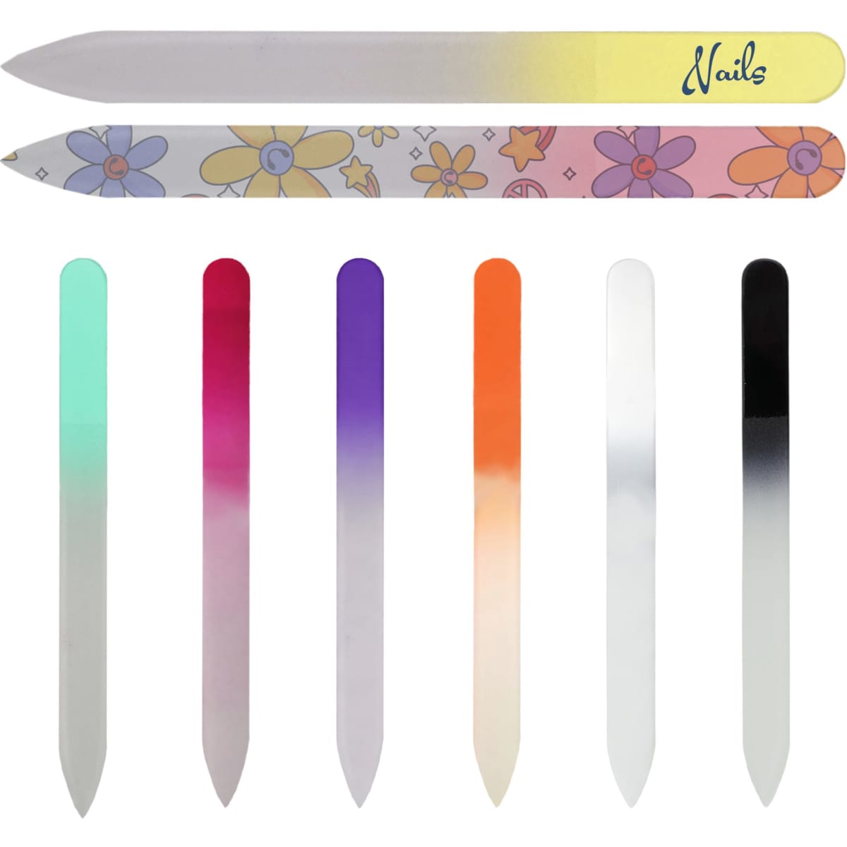 A set of gradient glass nail files in various colours, featuring a floral design on one file and a logo.