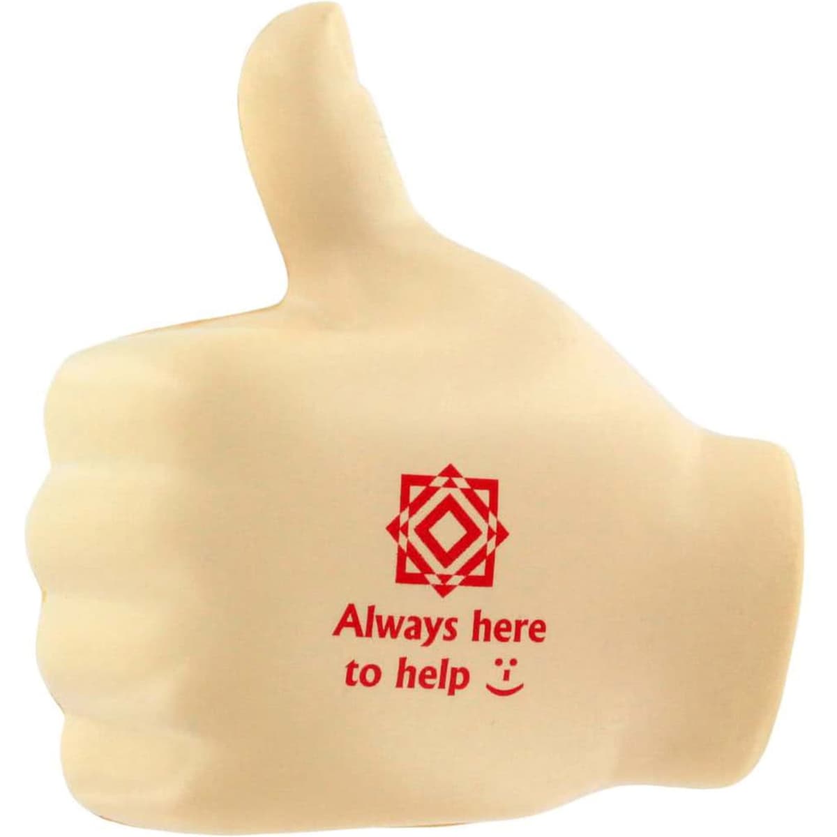 A beige thumb-shaped stress reliever with a logo and the phrase "Always here to help."