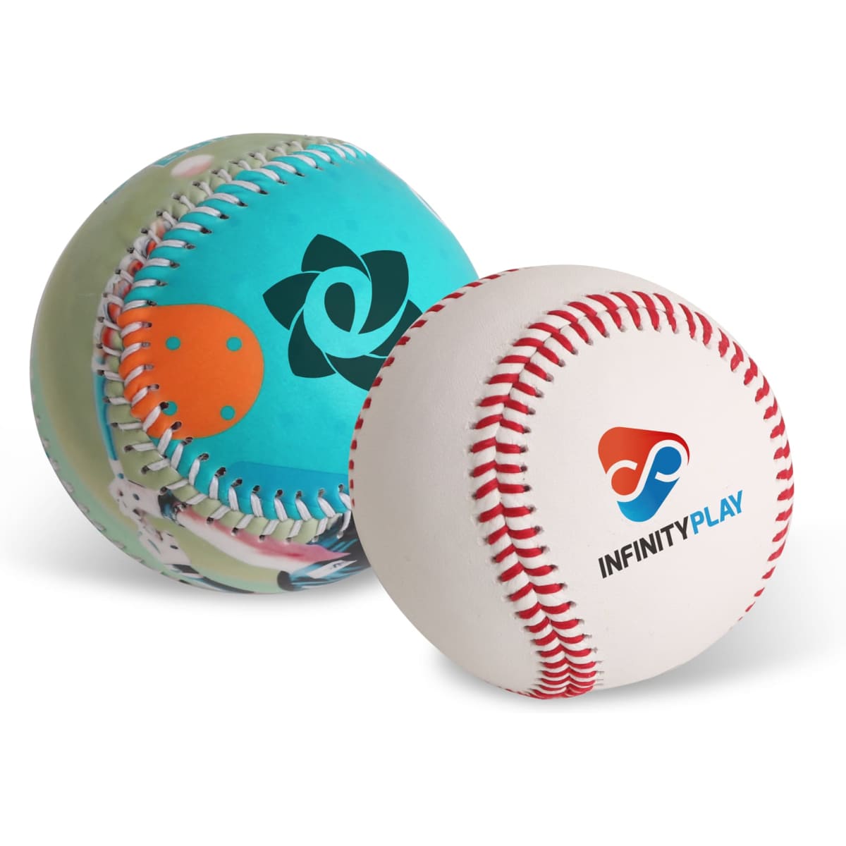 Two promotional baseballs, one with a colourful design featuring blue and orange, and another in white with red stitching and a logo.