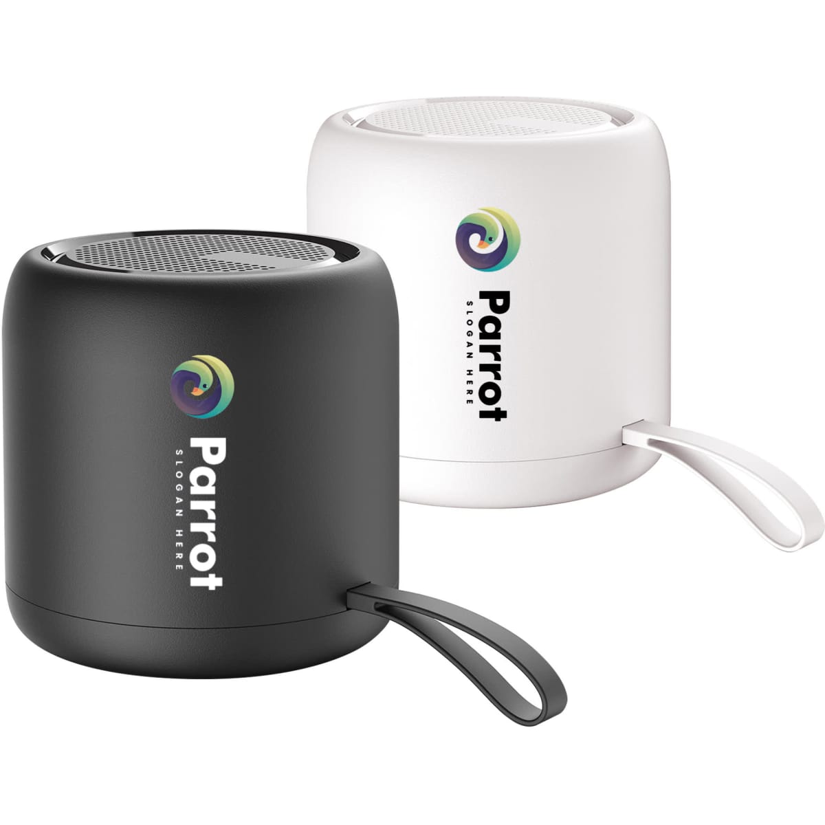 A pair of portable Bluetooth speakers in black and white with a handle, featuring a logo on each.