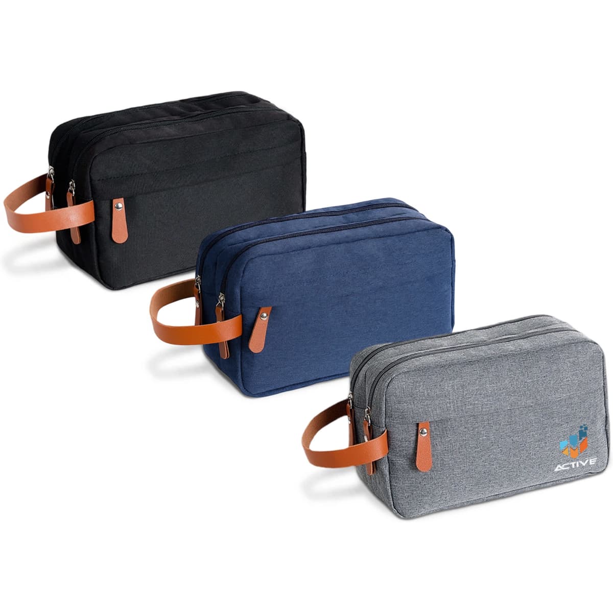 Three toiletry bags in black, navy, and grey, featuring leather handles and a logo on one bag.