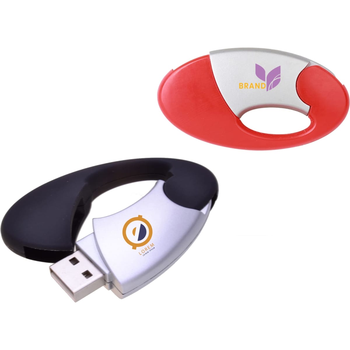 An oval clip flash drive in red and silver, with a black version featuring a USB connector, both with logos.